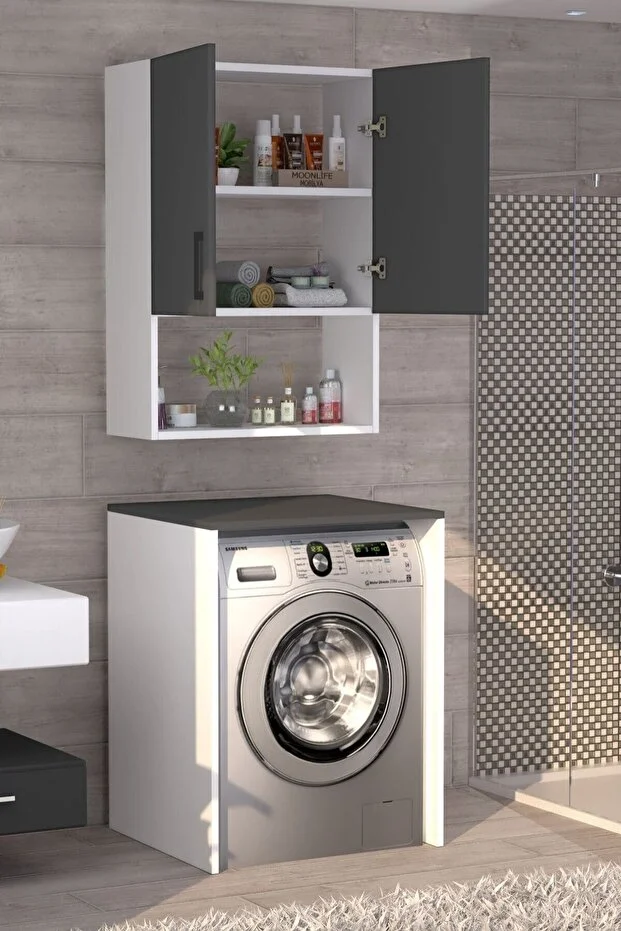 Üst Dolaplı Çok Amaçlı Çamaşır Makinesi Banyo Dolabı Beyaz